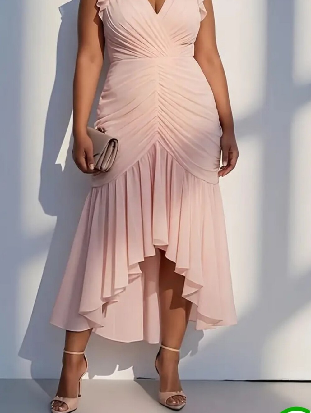 Woman's Light Pink V-Neck Sleeveless Elegant Ruched Mesh Elegant Dress 2X